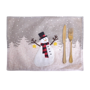 Christmas snowman placemat with cotton linen texture and red plaid pattern