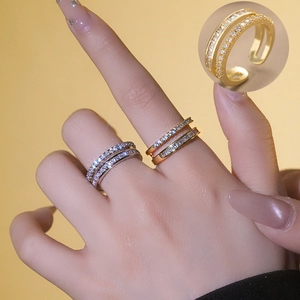 Fashion Double Layer Open Ring For Women Minimalist Copper Rhinestone Adjustable Finger Ring Geometric Ins Style Jewelry Gift