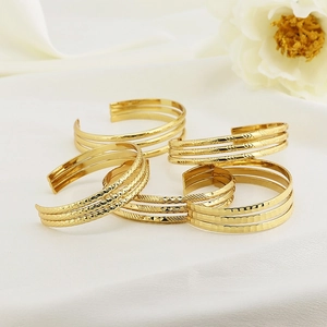 Retro gold stainless steel multi-layer open cuff bracelet with wavy texture and floral engraving