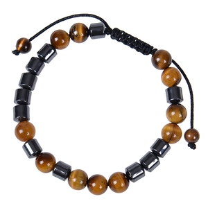 Detailed view of adjustable tiger eye and hematite beaded bracelet with woven cord