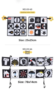 Detail of black and white baby cloth book and star teether toy with size markings