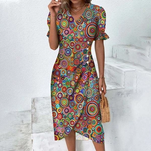 Colorful geometric bubble sleeve wrap dress with V-neck and artistic circle print pattern