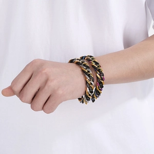 Trend minimalist dual-weave Cuban chain bracelets in black-gold and colorful patterns