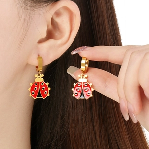 Chic gold-plated stainless steel ladybug hoop earrings with red and pink enamel detail
