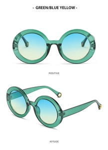Front and 45-degree views of round green sunglasses with blue-yellow gradient lenses