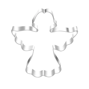 Macro detail of angel shaped stainless steel cookie cutter with smooth silver edges