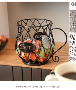 Detail of European wire coffee capsule holder with COFFEE badge and curved handle