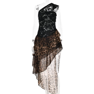 Sexy leopard print chiffon maxi dress with black lace splicing and irregular ruffle hem