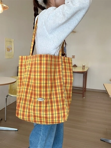 Large capacity yellow plaid canvas tote bag for women, stylish casual shoulder handbag