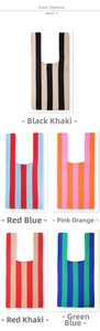 Vertical striped knit tote bag variety showing diverse color contrast options for summer
