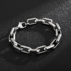 Polished silver titanium steel paperclip box chain bracelet with lobster clasp for men
