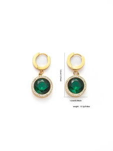 Detailed view of titanium steel earrings with green crystal and size specifications