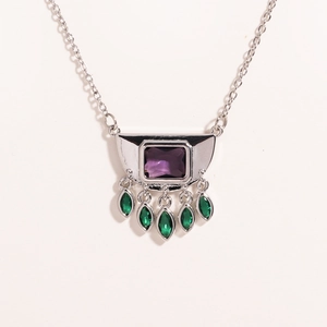 Hip hop silver necklace with purple rectangular gem and green teardrop stone charms