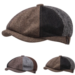 Men Vintage Newsboy Cap British Style Patchwork Herringbone Pattern Wool Like Acrylic Gatsby Hat Autumn Winter Retro