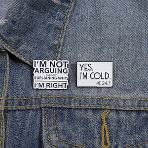 Funny enamel pins with humor text on blue denim jacket pocket for a stylish accessory look