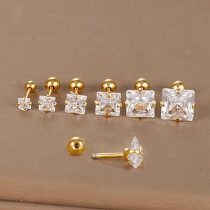 Square Cubic Zirconia Stud Earrings Stainless Steel Screw Ball Back Piercing Jewelry Simple Elegant For Women Men