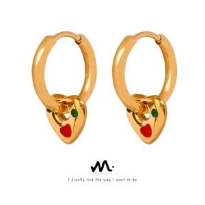 Heart Drop Hoop Earrings Stainless Steel With Green Zircon And Red Enamel Gold Plated Fashion Jewelry For Women