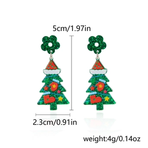 Detailed view of acrylic Christmas tree earrings with size 5cm and weight 4g measurements