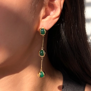 Detail of vintage 18k gold plated titanium earrings with three-tier green chalcedony drops