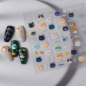 Stickers ongles 3D chat mignon FEB-672 avec motifs cerises et cœurs sur plateau blanc