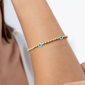 Natural shell evil eye beaded bracelet with 18K gold plated copper beads for women