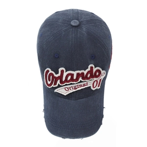 Vintage navy washed denim baseball cap with Orlando 01 embroidery and worn-out details