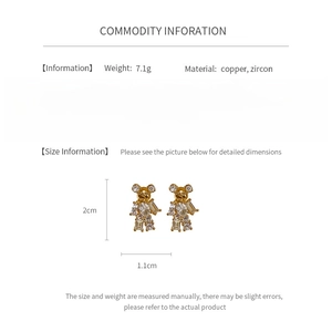 Detailed chart showing gold plated bear earrings with zircon specs and dimensions