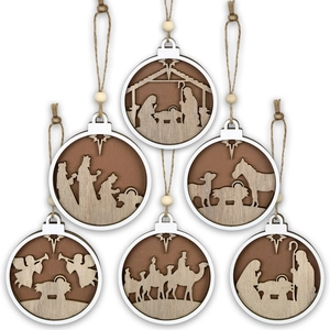 Set of 6 wooden Christmas ornaments featuring engraved nativity scenes with jute rope