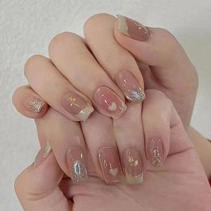 24Pcs Sweet Blush Flash Yellow Heart French Glaze Rhinestone Press On Nails Medium Square Oval Fake Nails With Glue
