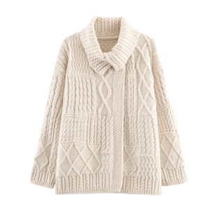 Damen Lazy Style Revers Zopfmuster Strickjacke Locker Einfarbig Langarm Strickmode Für Herbst Alltag Mode