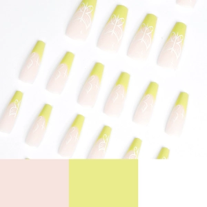 Pink and yellow French ballerina press-on nails with minimalist white butterfly designs