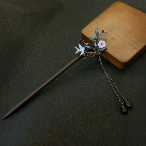 Bastoncino Per Capelli In Legno Antico Stile Cinese Fiore Uccello In Lega Lunghe Nappine In Metallo Elegante Forcina