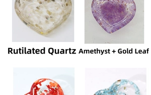 Collage of heart-shaped crystal bowls featuring rutilated quartz and amethyst with gold foil