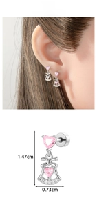 Detailed view of pink heart zircon butterfly pendant earrings with size measurements