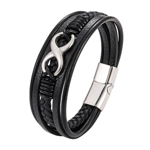 Braided black leather bracelet with silver infinity symbol and magnetic clasp design