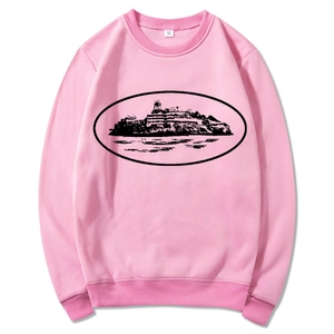 Pink crewneck sweatshirt with central landscape silhouette and long sleeves for men