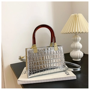 Macro detail of silver crocodile pattern bag with amber resin handle and gold hardware