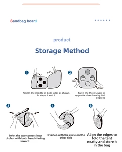 5-step guide for folding the pop-up sandbag board game tent into a compact storage bag