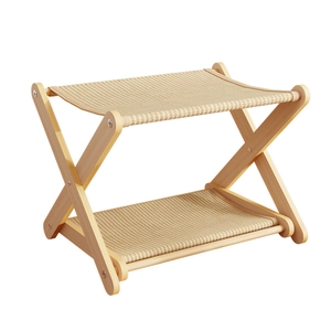 Dual-layer solid wood cat hammock with striped breathable fabric and sturdy X-frame