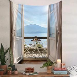 Detail of bohemian tapestry featuring a window scenic lake view for home wall decor