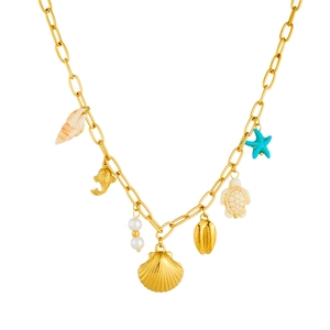 Gold stainless steel necklace with ocean-themed pendants like starfish, turtle, and shell