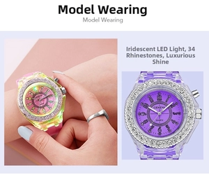 Detail of GENEVA quartz watches featuring 34 rhinestones and colorful LED light function