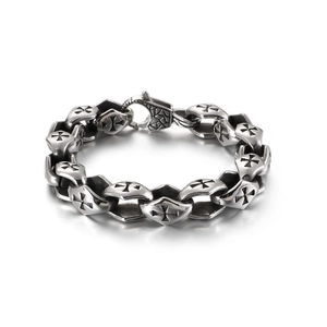 Bracelet punk rétro en acier inoxydable avec motifs de croix et finition argent antique