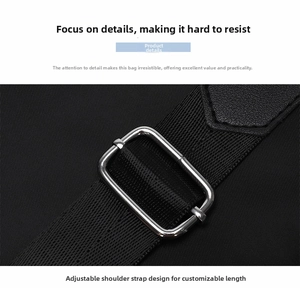 Detail of adjustable nylon shoulder strap with a polished silver metal buckle for length control