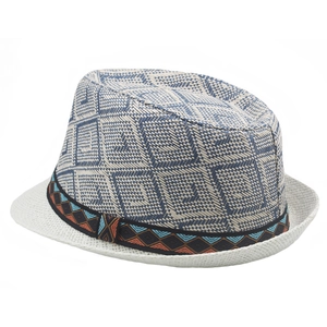 Detail of blue and white geometric straw fedora with ethnic embroidered decorative band