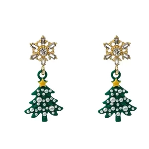 Elegant Christmas tree drop earrings with gold snowflakes and sparkling rhinestones