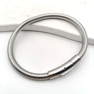 Minimalist silver stainless steel snake bone chain bracelet with cylindrical clasp closure