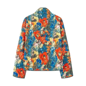 Quilted floral jacket with multi-color oil painting pattern and stand-up collar design