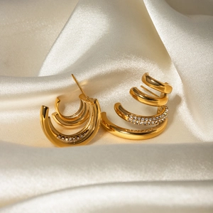 Elegant 18k gold plated multi-layer C-shape earrings with white sparkling rhinestones