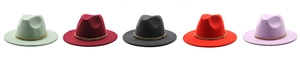 Detail view of five assorted wool fedora hats featuring stylish gold metal chain bands